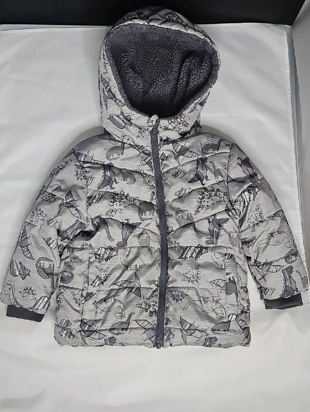 Swiss Tech Gray Dinosaur Print Puffer Jacket with Hood
